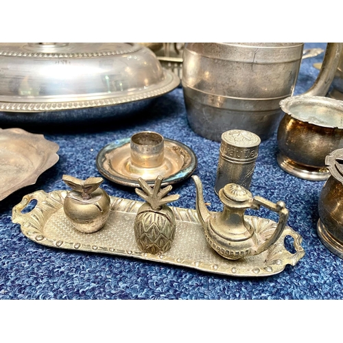 1240 - Box of Assorted Metal & Plated Ware, includes candlesticks, tankards, tea pot, dishes, pots, etc.  G... 