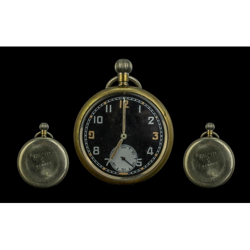 1302 - Military Open Face Pocket Watch the black dial with Roman Numeral hour markers, subsidiary seconds d... 