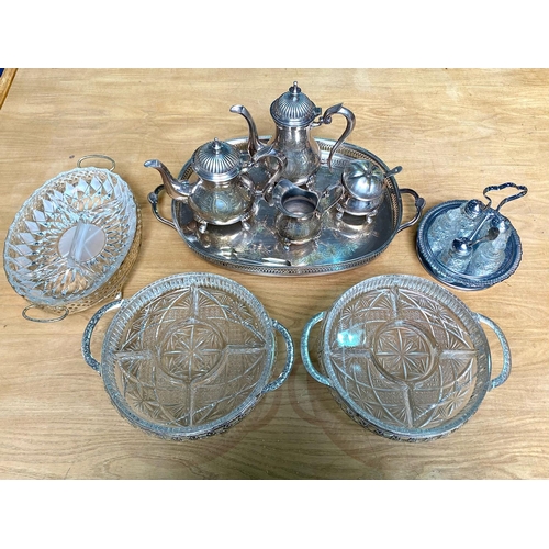 1586 - Collection of Silver Plated Ware & Glassware, including teapots, etc.