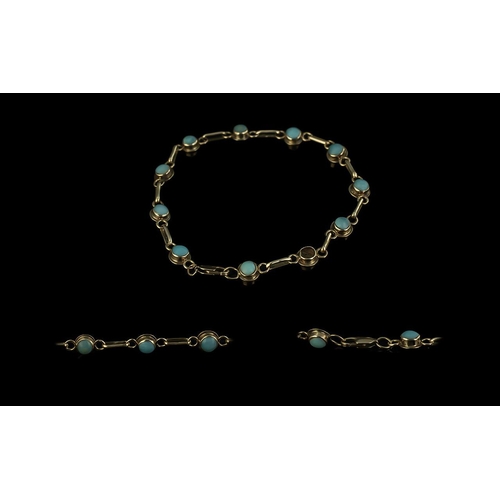 213 - Antique Period Ladies 9ct Gold - Attractive Turquoise Stone Set Bracelet with Lobster Claw Clasp. Ma... 