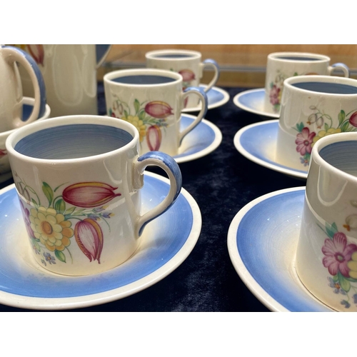 541 - Susie Cooper Coffee Set, elephant shaped coffee pot in cream base with floral decoration and blue ha... 