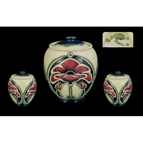 563 - Moorcroft Modern Tube lined Lidded Jar - Styalished Poppies Design, Designer Monogrammed K.W. Date 2... 