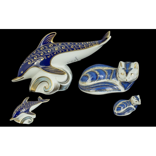 576 - Royal Crown Derby Pair of Hand Painted Figural Paperweights ( 2 ) Comprises 1/ Dolphin, Modelled by ... 