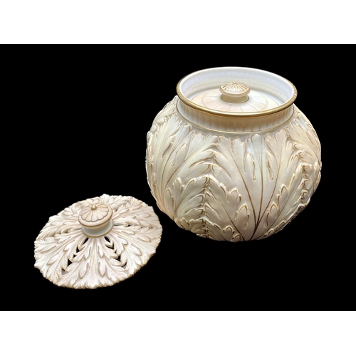 675 - Royal Worcester Blush Ivory Lidded Vase - Decorated With Leaf Design and Gold Coloured Edging. Heigh... 