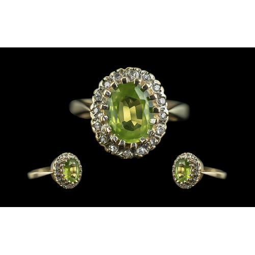 72 - Ladies Attractive 9ct Gold Peridot And Diamond Set Cluster Ring - Full Hallmark To Interior of Shank... 