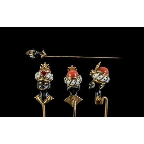 7A - Victorian Period 1837 - 1901 Superb 18ct Gold Novelty Stickpin with Blackmoors Enamel Bust to Top of... 