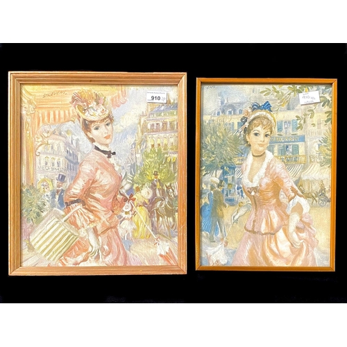 910 - Pair of Stevens French Prints, depicting ladies in Paris setting, framed and glazed, largest 'La Pet... 