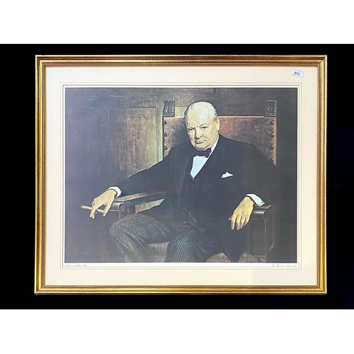 913 - Large Framed Print of Winston Churchill, depicting the great man smoking a cigar.  Mounted, framed a... 