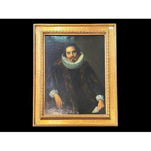 916 - Antique Oil Painting of Pensive Gentleman, wearing a ruffle neck.  Framed in a decorative wooden fra... 