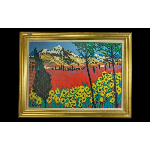 919 - John Michael Saville Oil Painting, 'Sunflowers in Les Apilles Provence'.  Brightly painted oil on bo... 