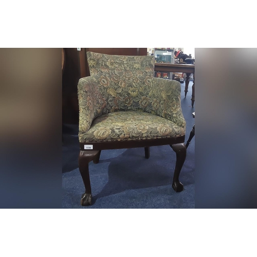 1056 - Antique Bedroom Armchair, tapestry upholstery, rounded back and arms, raised on two front shaped and... 