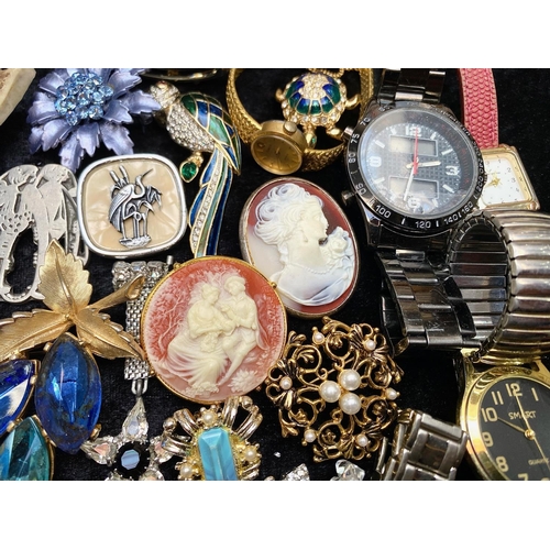 470 - Box of Costume Jewellery, including brooches, ladies and gents watches, bracelets, pocket watches, e... 