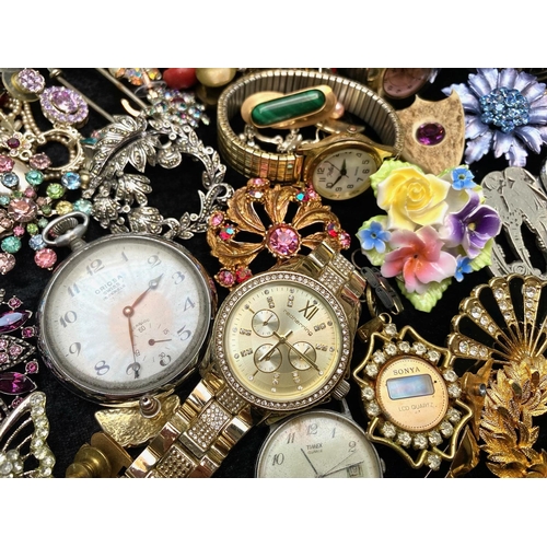 470 - Box of Costume Jewellery, including brooches, ladies and gents watches, bracelets, pocket watches, e... 