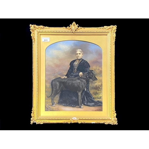 911 - Antique Oil Painting of a Lady in Black, with her large black wolfhound.  Mounted, framed and glazed... 