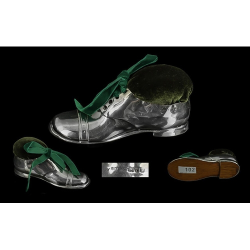 102 - Edwardian Period Sterling Silver Novelty Pin Cushion in the form of a large shoe. Hallmark Chester 1... 