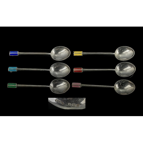 106 - Art Deco Period Sterling Silver and Enamel Harlequin Set of 6 Coffee Spoons original box. Hallmark B... 