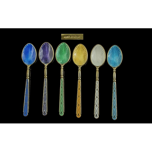 107 - Queen Elizabeth II Sterling Silver and Enamel Harlequin Set of 6 Coffee Spoons original box. Hallmar... 