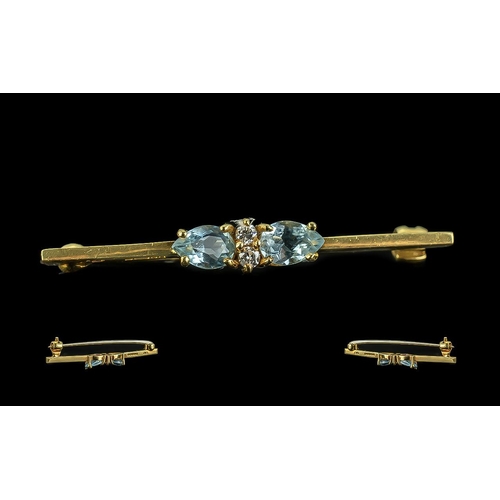 82 - Ladies 18ct Gold - Good Quality Small Brooch Set with Aquamarines and Diamonds, Marked 18ct. Aquamar... 