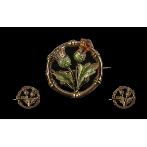 83A - Antique Period - Scottish 9ct Gold and Enamel Thistle Brooch of Circular Form. Marked 9ct. Excellent... 