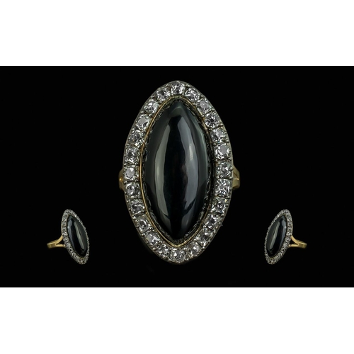 86 - Early Victorian Period - Superb 18ct Gold Black Stone and Diamond Set Statement Ring. The Boat Shape... 