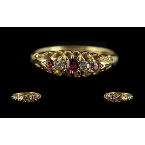 97 - Antique Period Attractive 18ct Gold 5 Stone Ruby & Diamond Set Ring, gallery setting, Hallmark Birmi... 