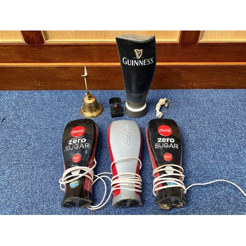 1415 - Advertising Interest - Three Coca Cola Pub Lights, and a Guinness pub light. Together with a brass b... 