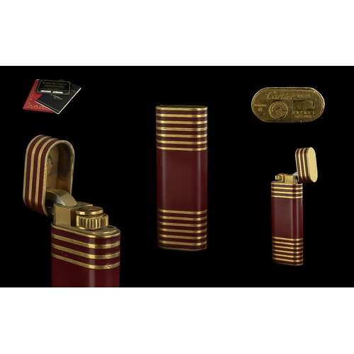 Cartier Paris Gas Lighter Red Enamelled Body With Gold Bands