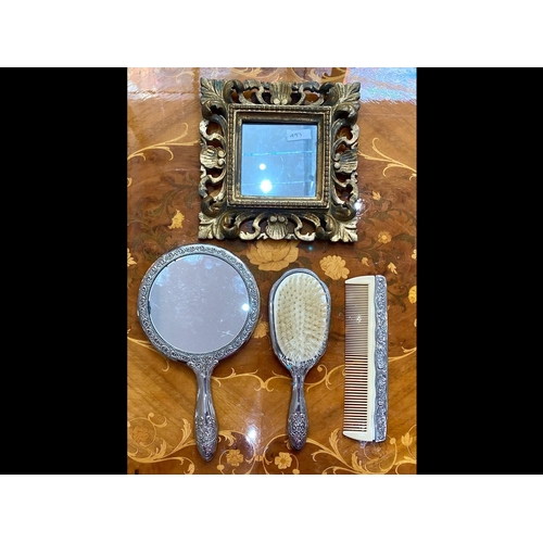 497 - Silver Plated Dressing Table Set, comprising hairbrush, mirror and comb, with ornate design of flowe... 