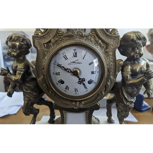 1120 - Italian Style Garniture Set, brass clock with white face and Roman numerals, two winder holes, in el... 