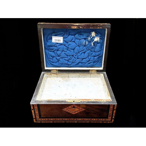 1190 - Inlaid Wooden Sewing Box, measures 10'' x 7'' x 5''.  Padded inside of lid, lift out section with st... 