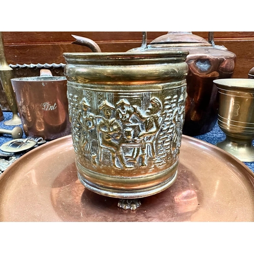 1230 - Large Collection of Assorted Brass & Copper Items, including pots, kettles, pans, bowls, jugs, etc.