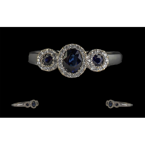 13 - 18ct White Gold - Superb Quality and Contemporary Sapphire and Diamond Set Dress Ring. Full Hallmark... 
