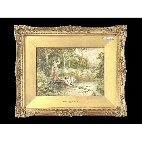 1340 - A Birket Foster Print, children on a lake.  Looks to be highlighted.  Mounted framed and glazed, ima... 