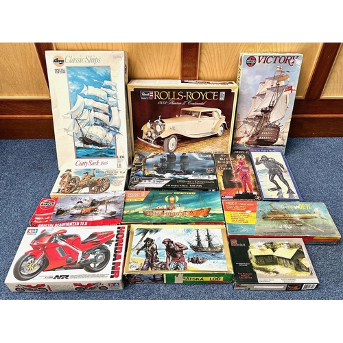 1375 - Two Boxes of Model Kits, including Rolls Royce, Cutty Sark, HMS Victory, Black Falcon, Pirates of th... 