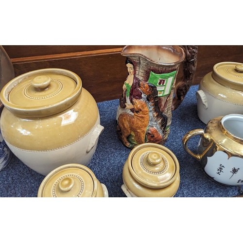 1445 - Quantity of Collectibles, including pottery and porcelain, Toby jugs, pots, vases, teapots, Oriental... 