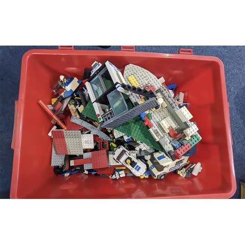 1454 - Large Red Box of Lego. Includes all Different Subjects - Cars, Boats, Police Cars, Tracks, Bricks et... 