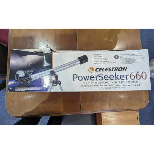 1455 - Celestron Power seeker 660 60m Refractor Telescope In Original Box. Features Easy to Assemble, High ... 