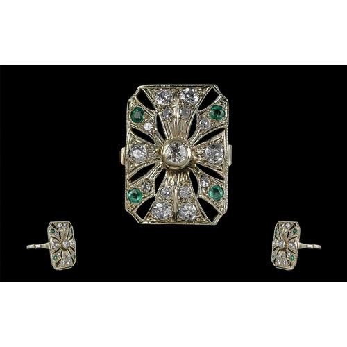 16 - Art Nouveau Well Designed 18ct White Gold Diamond and Emerald  Set Dress Ring. c.1910 - 1920's. The ... 