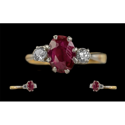 16A - 18ct Gold - Pleasing 3 Stone Ruby and Diamond Set Dress Ring. Full Hallmark for London 1880 to Inter... 