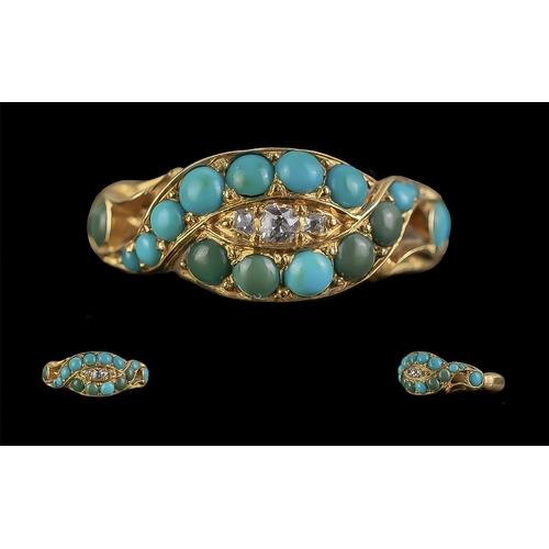 18A - Victorian Period 1837 - 1901 Attractive 18ct Gold Turquoise and Diamond Set Ring, Excellent Setting.... 