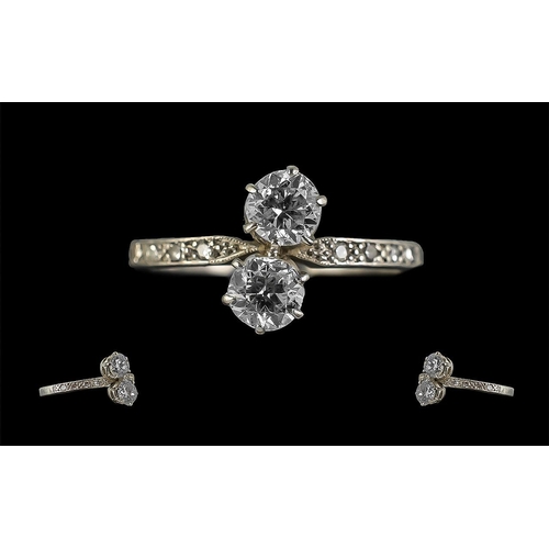 19 - Platinum Pleasing 1920's Two Stone Diamond Set Dress Ring, With Diamond Set Shoulders, Marked Platin... 
