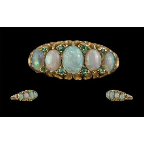 19A - Antique Period - Excellent 18ct Gold 5 Stone Opal and Emerald Spacers Set Dress Ring, Gallery Settin... 