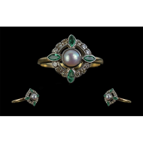 20 - Ladies 1920s Attractive 15ct Emerald Diamond and Pearl Set Dress Ring, marked 15ct to interior of sh... 