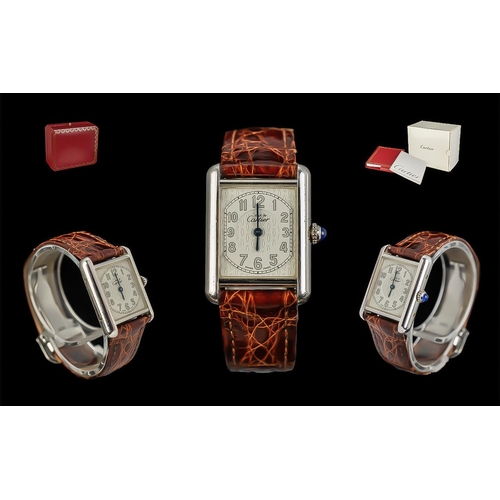 22 - Must-De-Cartier Deluxe Version Ladies Elegant Sterling Silver Cased Wrist Watch, With Cartier Crocod... 