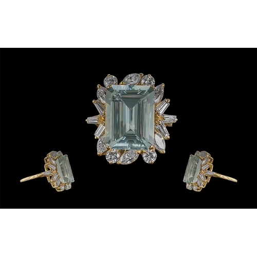 23A - Ladies - Superb Quality 18ct Gold Statement Ring, Set with Aquamarine and Diamonds, Gold Marks to In... 