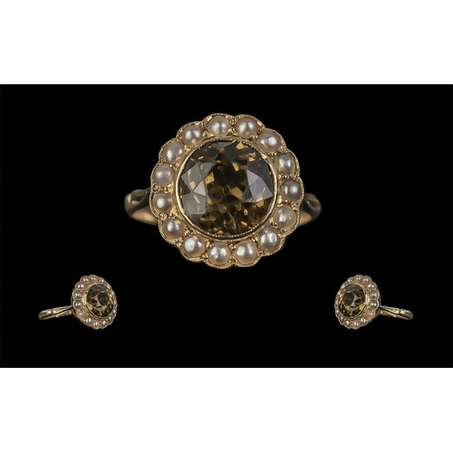 32 - Antique Period - Superb Quality 18ct Gold Smoky Topaz and Seed Pearl Set Dress Ring. Marked 18ct to ... 