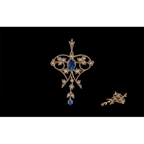 32A - Victorian Period 1837 - 1901 Superb 15ct Gold Sapphire and Seed Pearl Set Brooch/ Pendant in origina... 