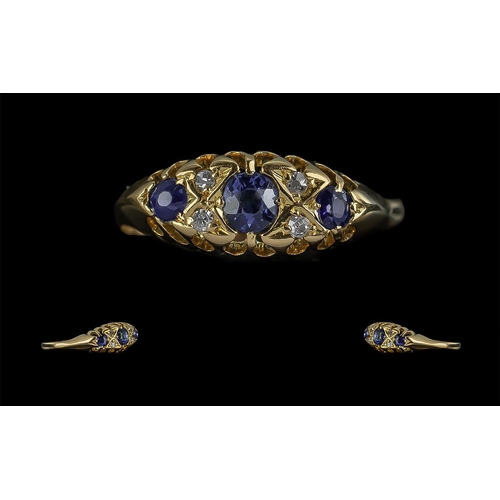 34 - Victorian Period 1837 - 1901 Ladies Attractive Blue Sapphire and Diamond Set Ring, gallery setting a... 