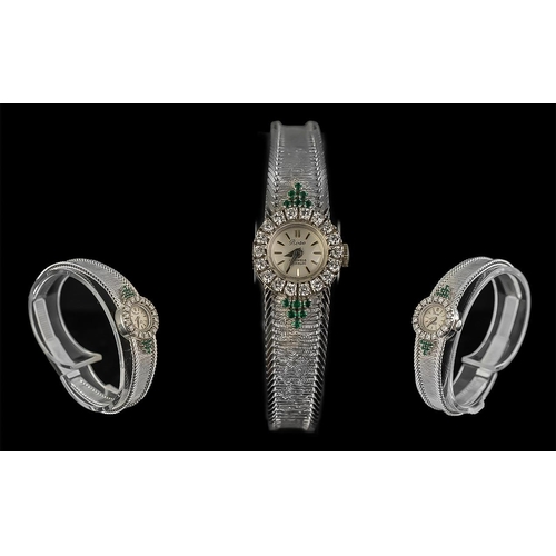 35 - Ladies 18ct White Gold 'Rose' Swiss Made Seventeen Jewels Diamond and Emerald Set Cocktail Watch set... 