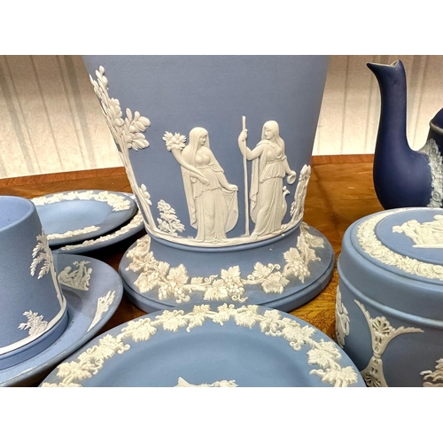 540 - Collection of Wedgwood, including Blue Jasper vase 7'' high, trinket box, three pin dishes, and cup ... 